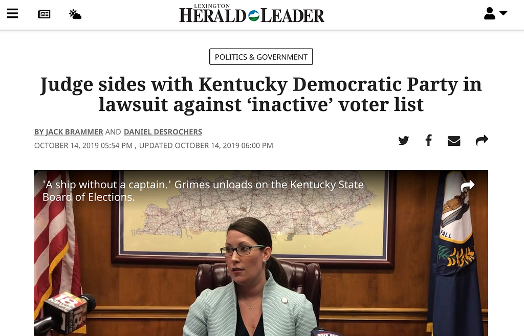News article with the headline, “Judge sides with Kentucky Democratic Party in lawsuit against ‘inactive’ voter list