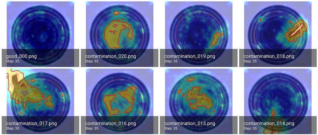 Anomaly detection graphics from a Comet + Anomalib experiment where the artificial intelligence has detected and outlined the anomalous areas of bottles.