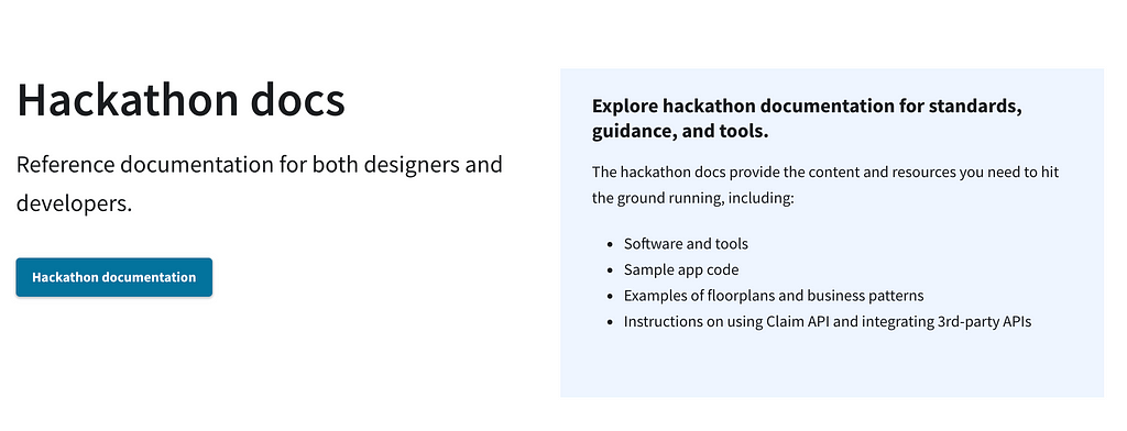Snapshot of the hackathon microsite with a description of designer and developer docs.