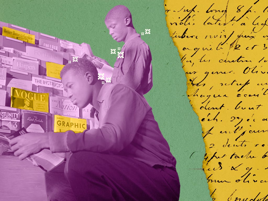 Two black young men reading magazines overlaid on a green background and a manuscript like document