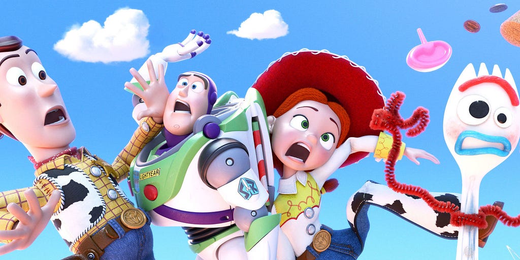 Toy Story 4 Movie Poster. Woody, Buzz, Jesse, and newcomer Forky all tumbling over each other.