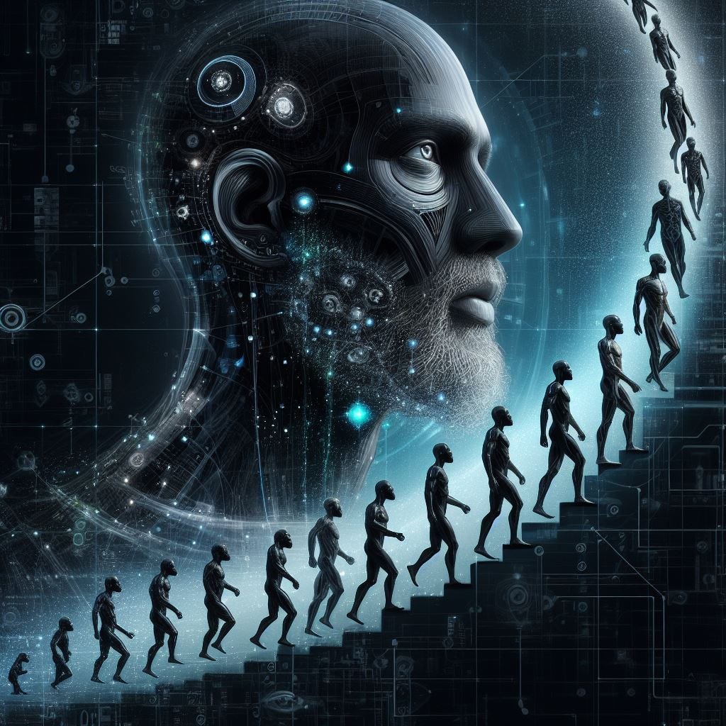 A image depicting the evolution of humanity from ape to Homo sapiens as ascending a spiralling staircase, with a bust of the omnipotent intelligence in the avatar of an old man as a backdrop.