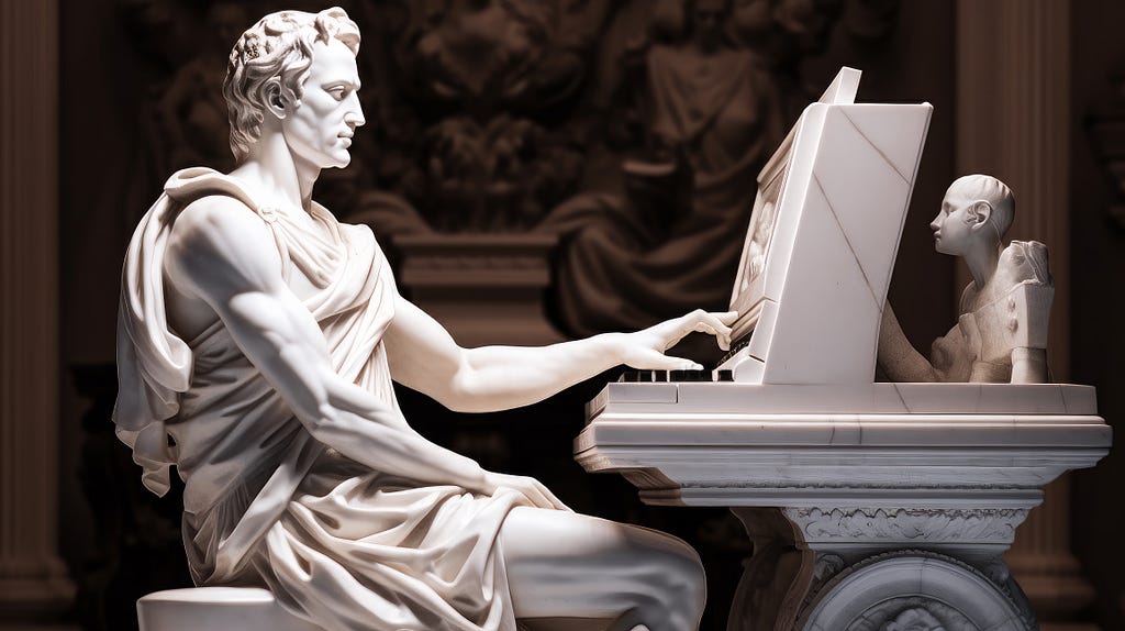 Midjourney: marble statue of Prometheus with a keyboard, shooting for a magazine cover, professional light — ar 16:9 — v5