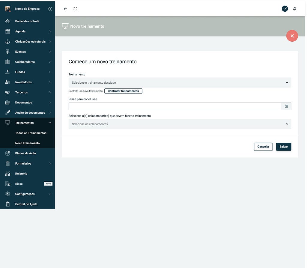 Tela de um sistema com o menu lateral à esquerda e a área de conteúdo à direita. O menu lateral contém itens como “Painel de controle”, “Agenda”, “Treinamentos” e “Configurações”. Na área principal, o título “Novo treinamento” aparece no topo, com um botão “X” no canto superior direito. O conteúdo tem o título “Comece um novo treinamento”