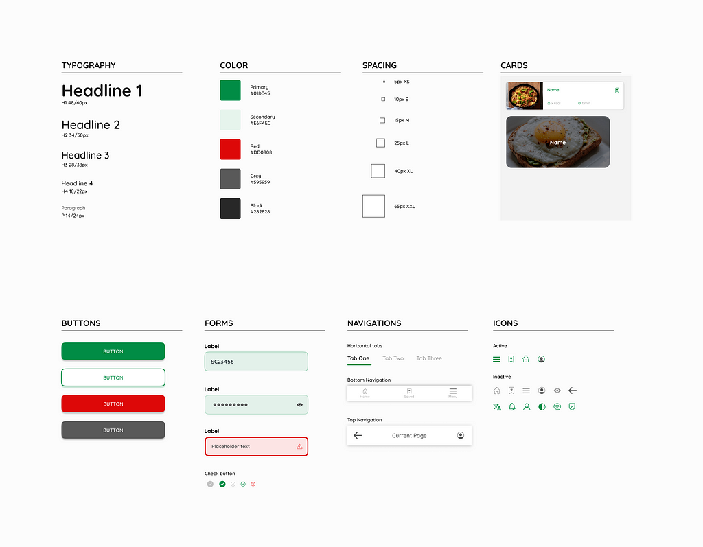 A display of important components in the app that make up the design system