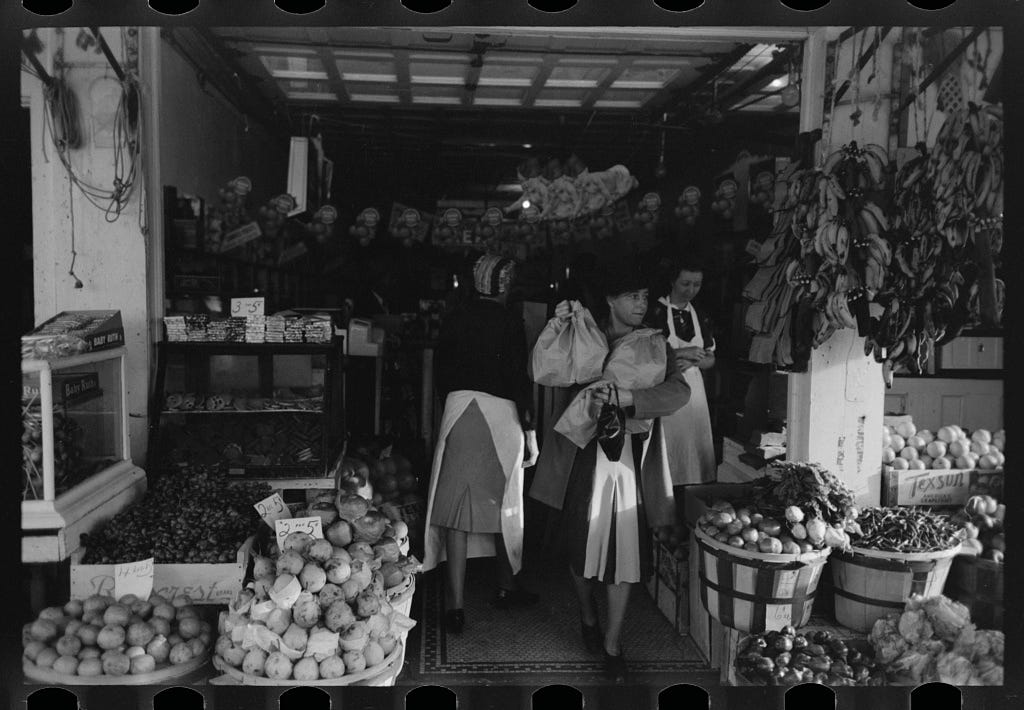 An old photo of a woman in a market, Texas, during Great Depression