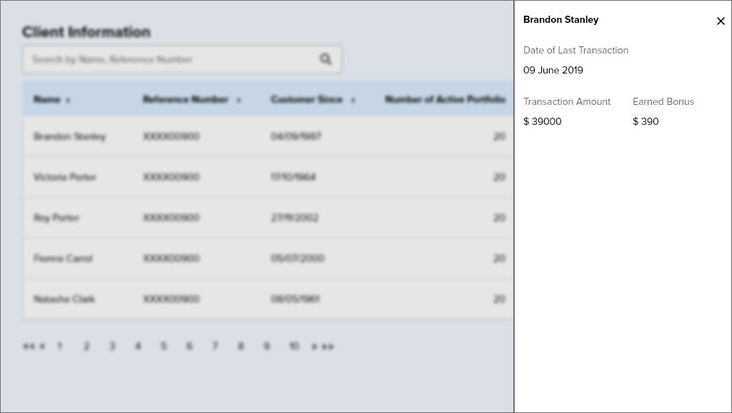 Further details about the record can be shown by the rows interaction like side sheet or quick window