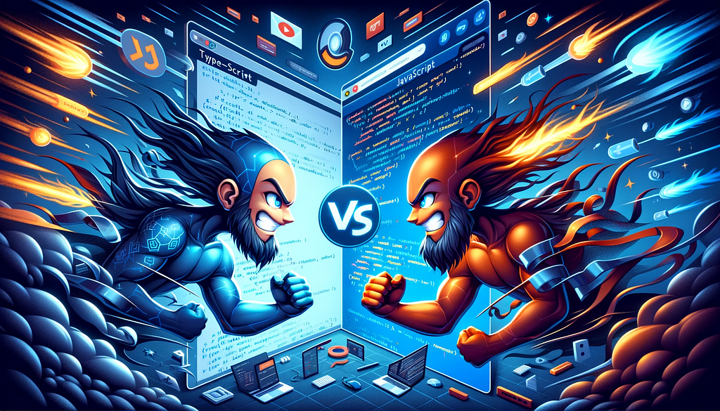 TypeScript and JavaScript personified in a friendly competition, symbolizing the comparison between the two programming languages in web development.