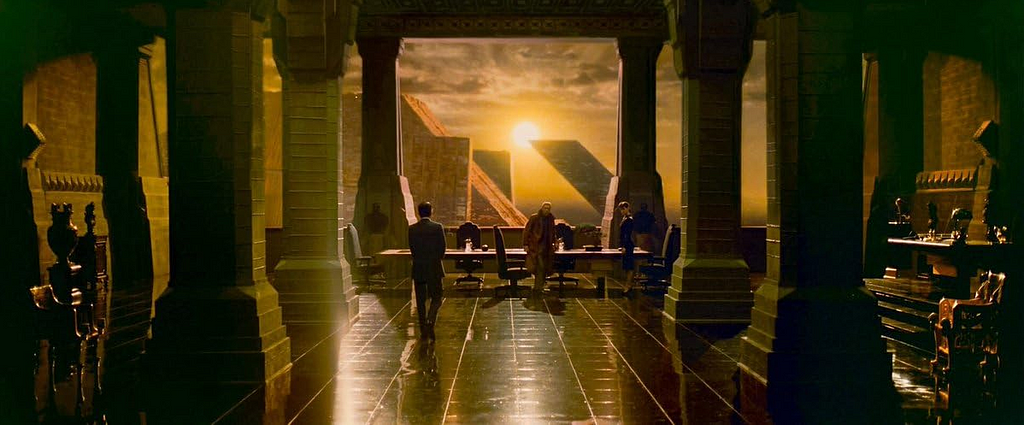 Tyrell’s palatial office at sunset — Joe Turkel, Harrison Ford & Sean Young in Blade Runner