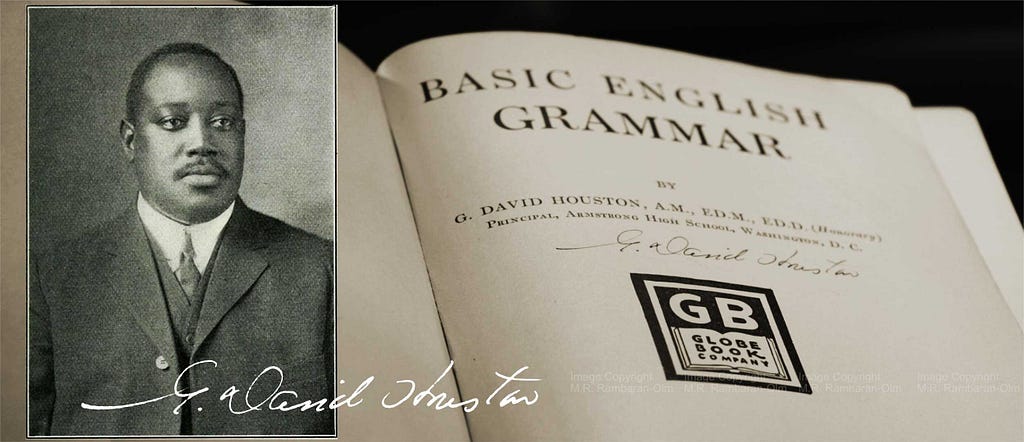 Old photograph of Gordon David Houston beside a close-up of the book, “Basic English Grammar”.