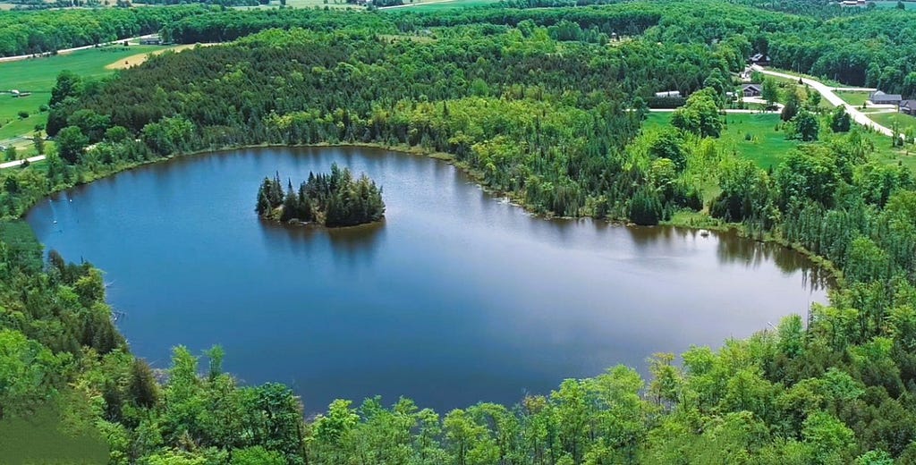 Curleys Lake in Ontario is an estimated 25-acre private lake surrounded by a 54-acre piece of land with trees and grass.