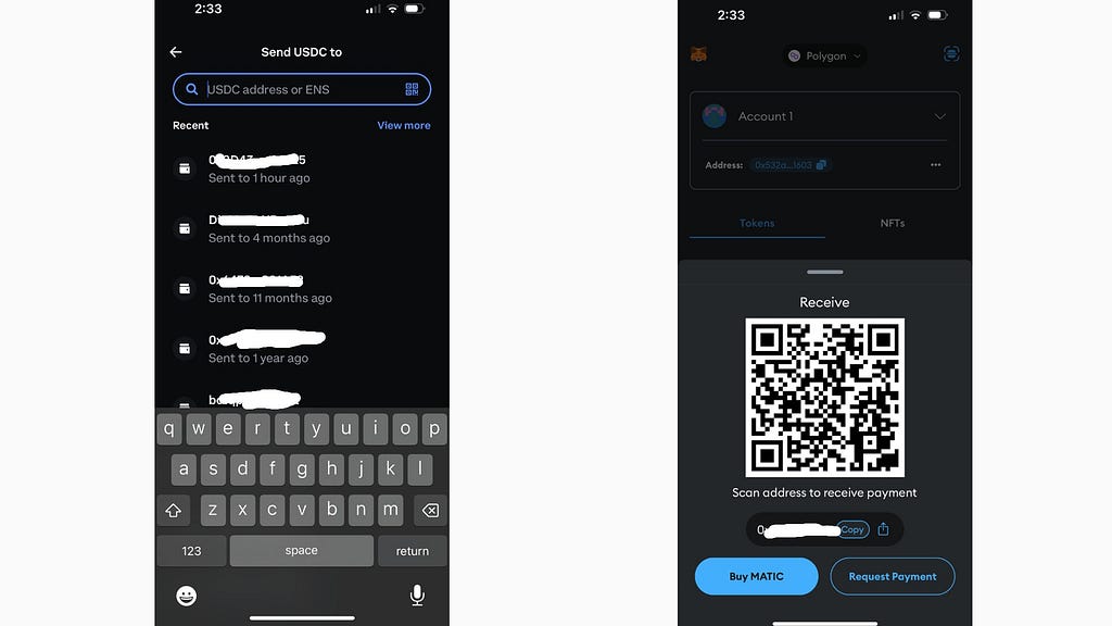 two screenshots — one of coinbase and one of metamask — showing the process of sending USDC to your metamask wallet
