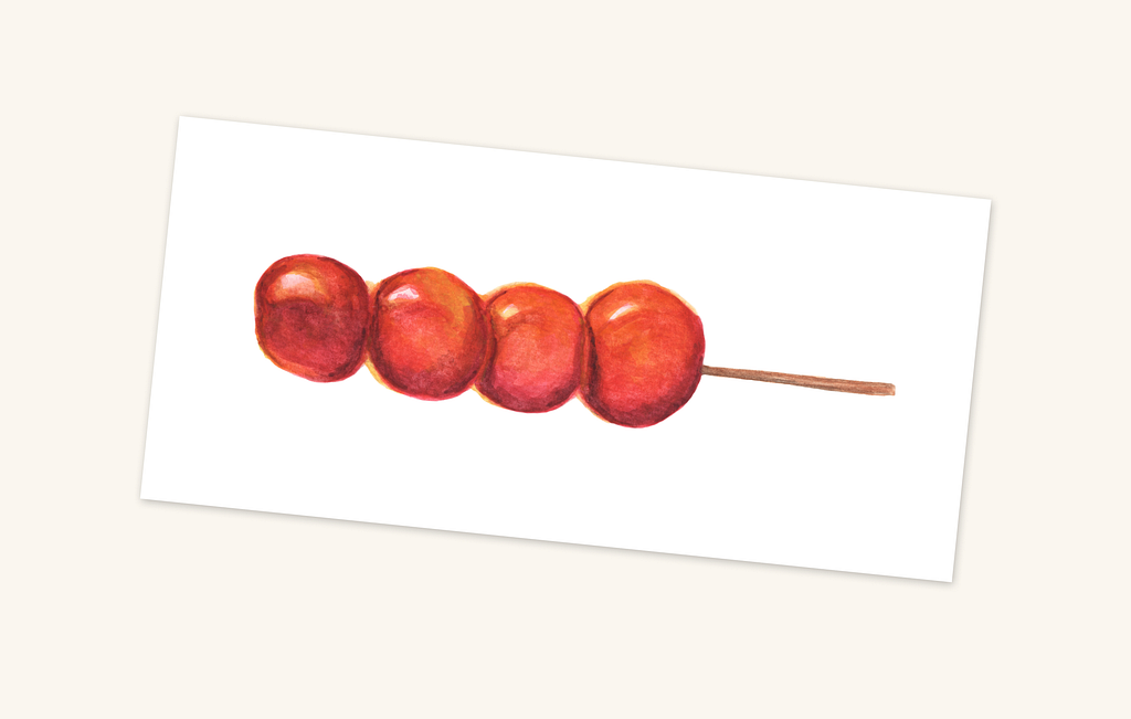 A painting of tánghúlu, a Chinese snack. It looks like four red circles on a stick.