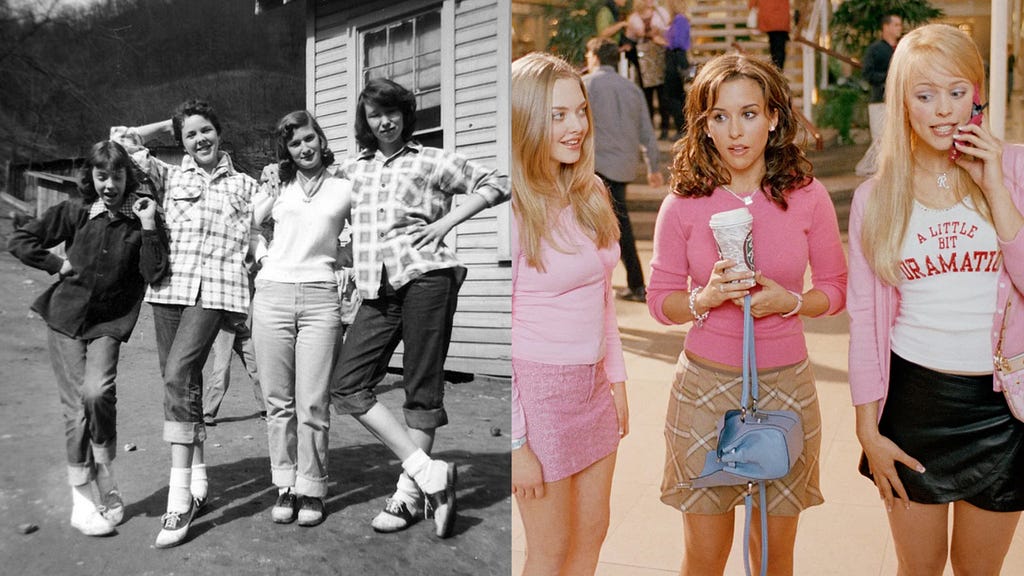 Left:Group of 4 young teenage girls in 40’s/50’s. Right: Screencap from Mean Girls (2004)