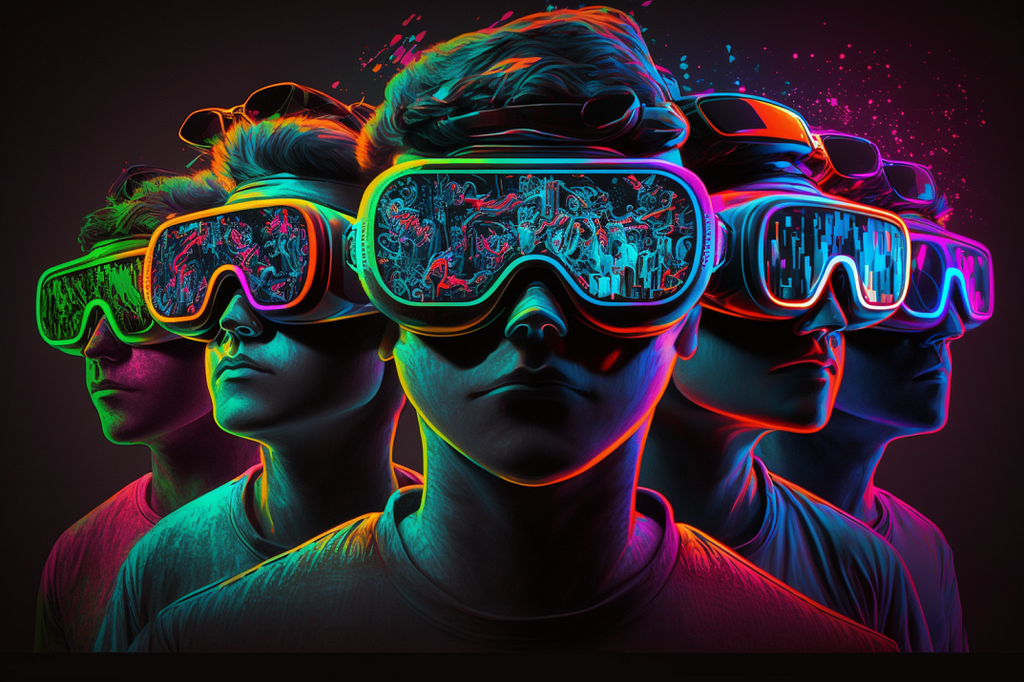 A neon-style image of kids wearing VR goggles.