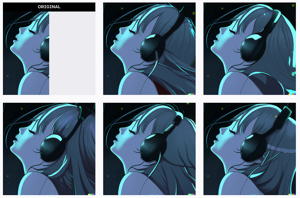 The original 50% image again, with 5 new inpainted variants. This time the variance is in the size of Alpha’s head, how much hair she has, and slight variations in headphones.