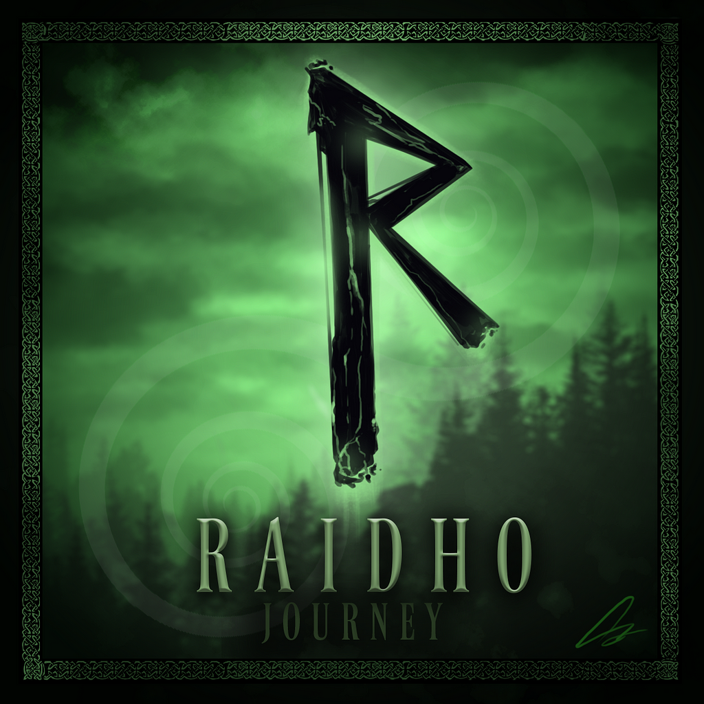 Digital artwork of the Rune Raido, shaped like the letter R over a green, forest background.