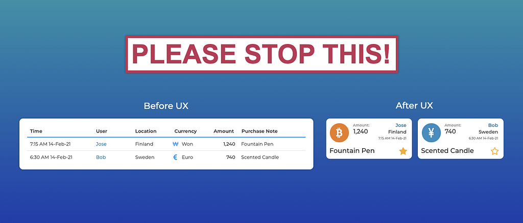An opening image showing a “Before and After UX” image and red text stating “Please stop this!”.