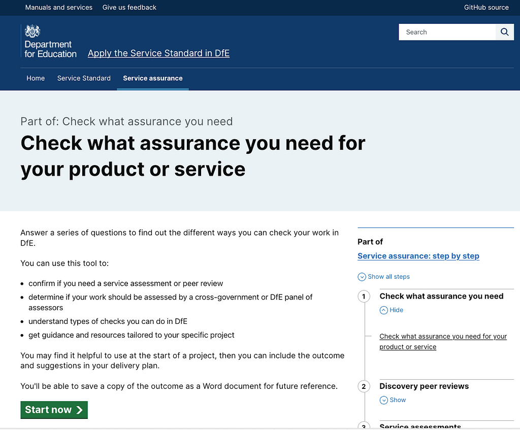 Screengrab of start page for Check what assurance you need tool The page explains that people can use the tool to answer a series of questions to find out if they need a service assessment or peer review and the types of checks you can have in DfE.