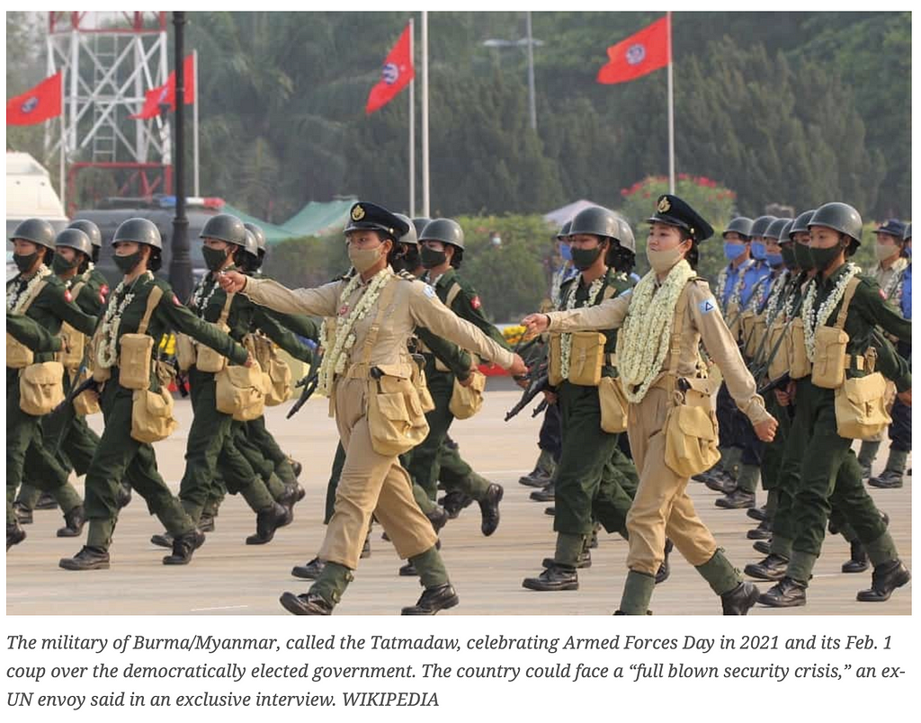 The military of Burma/Myanmar, called the Tatmadaw, celebrating Armed Forces Day in 2021 and its Feb. 1 coup over the democratically elected government. WIKIPEDIA