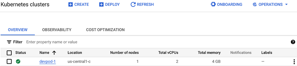 Screen capture of Google Cloud console showing GKE cluster: 1 node with 2 CPUs and 4GB RAM