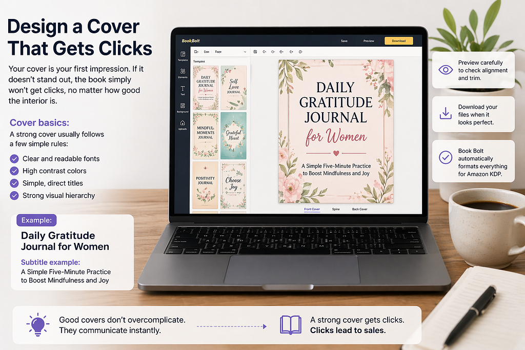 Laptop displaying a book cover design with bold typography and clean layout, highlighting key elements for creating eye-catching KDP covers.