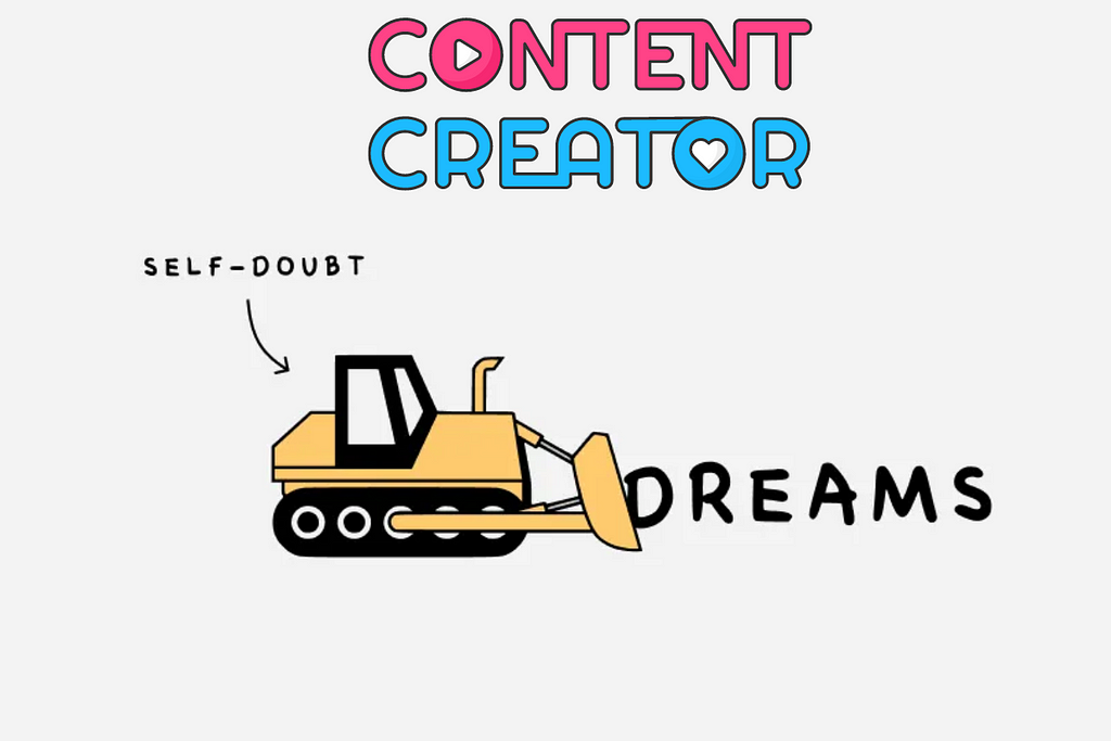 a visual illustrating a bulldozer labelled ‘self-doubt’ scooping up the word ‘DREAMS’. The image is titled Content Creator