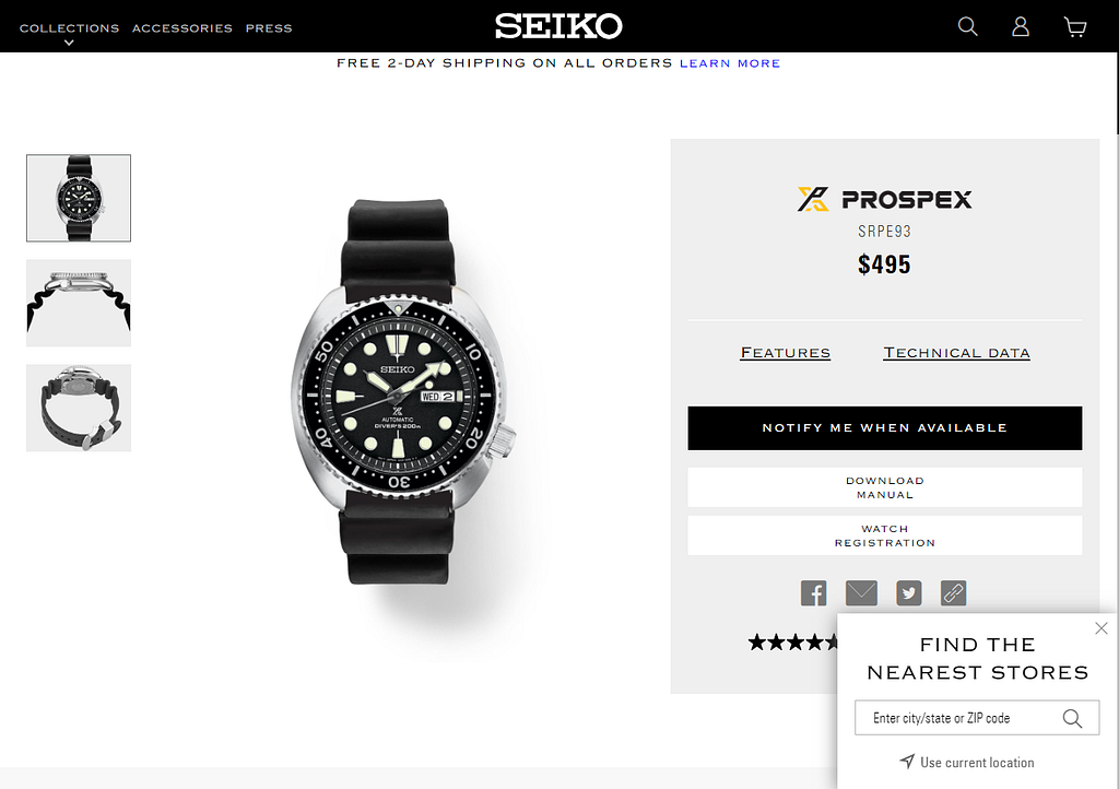 Seiko Prospex “Turtle” SRPE93 watch on the official website