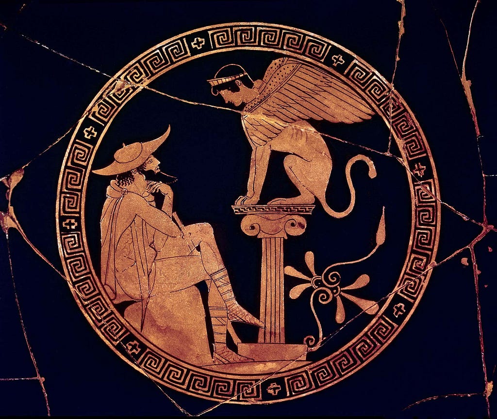 Oedipus and the Sphinx, interior of an Attic red-figured kylix (cup or drinking vessel), c. 470 BCE; in the Gregorian Etruscan Museum, the Vatican Museums, Rome.