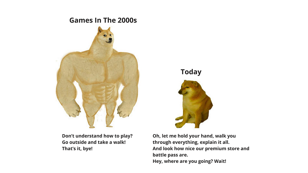 A meme with two images of Doge dogs. On the left, under the heading “Games in the 2000s”, there is a large, muscular Doge with the text: “Don’t understand how to play? Go outside and take a walk! That’s it, bye!” On the right, under the heading “Today”, there is a small, sad Doge with the text: “Oh, let me hold your hand, walk you through everything, explain it all. And look how nice our premium store and battle pass are. Hey, where are you going? Wait!”