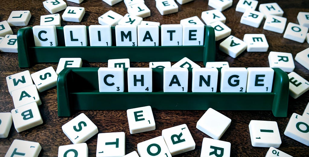 Scrabble letters arranged to form the phrase “climate change”