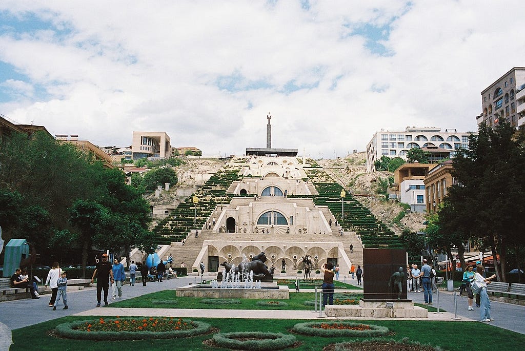 A film photograph of the Cascade Complex in Yerevan, Armenia