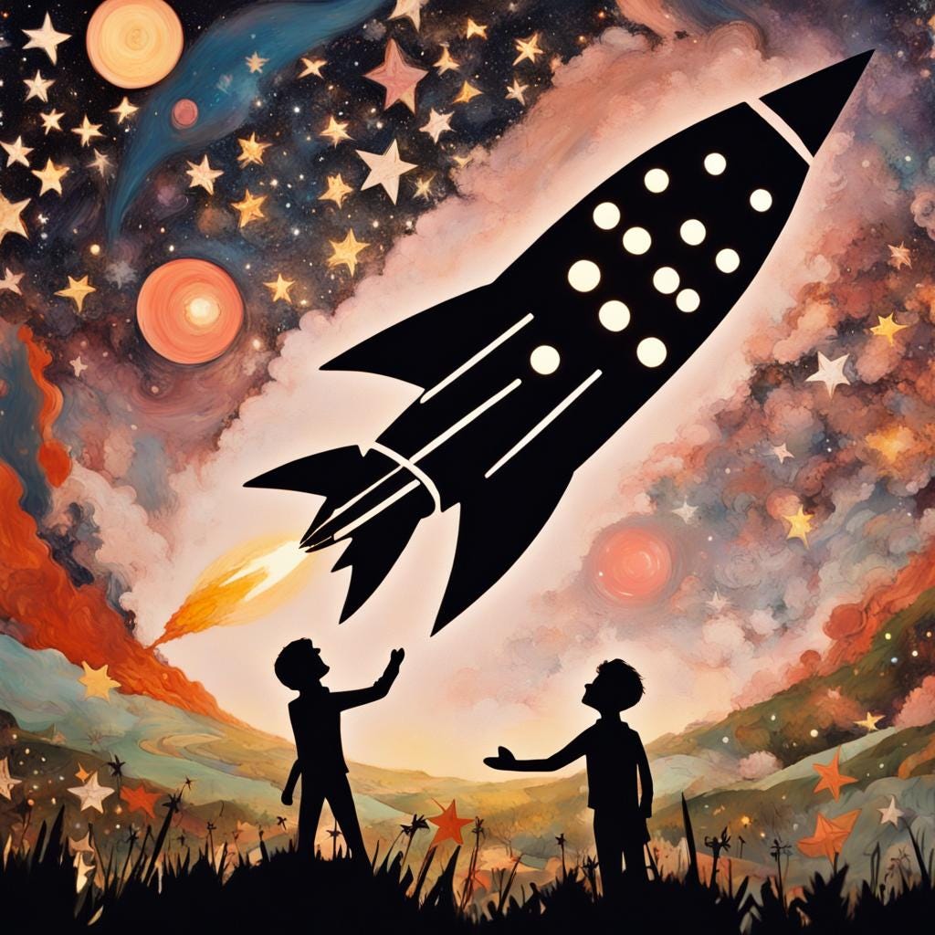 Two young boys in silhouette launching an imaginary rocket with a background of a field of stars