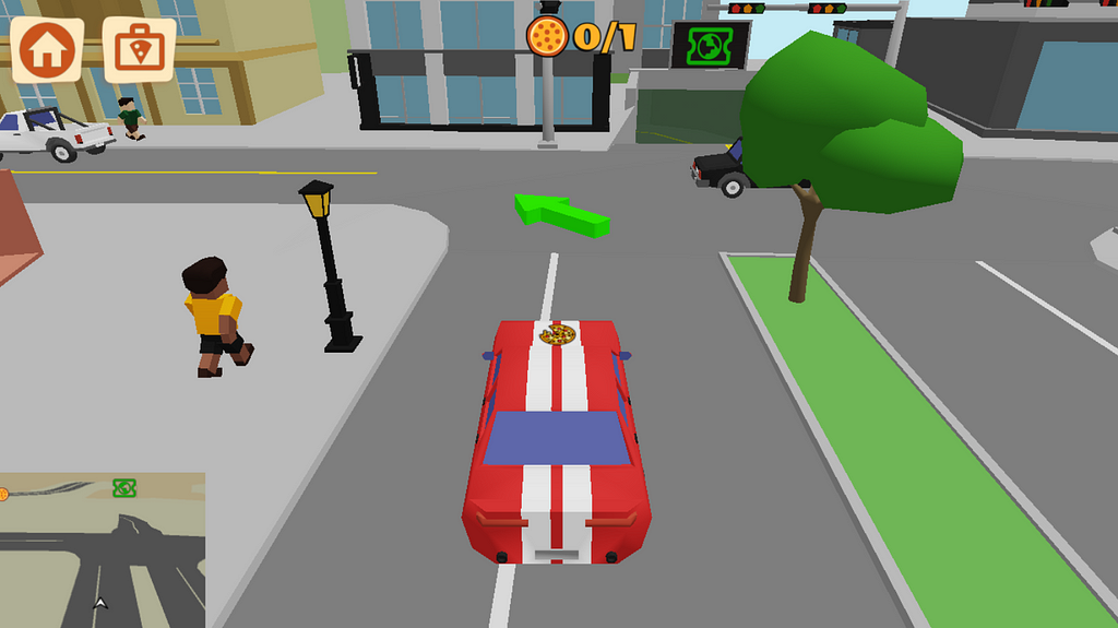 A gameplay screenshot showing the arrow directing players to their closest delivery