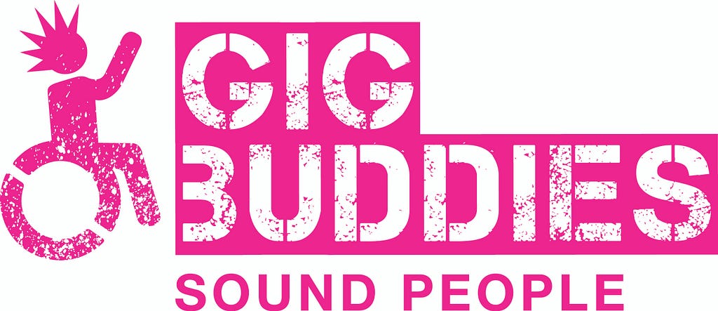 Gig Buddies logo with symbol of person in wheelchair holding their arm in the air. Underneath Gig Buddies it says ‘Sound People’.