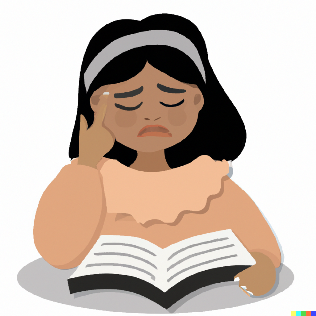 A girl with a sad expression with a finger on her head while looking at a book— Image generated by DALL-E