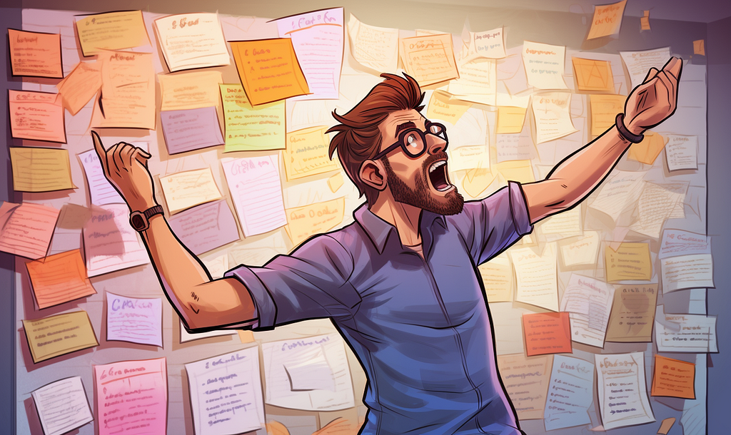 Kenny, a male corporate worker standing, ranting, and pointing to a wall of colored PostIt Notes