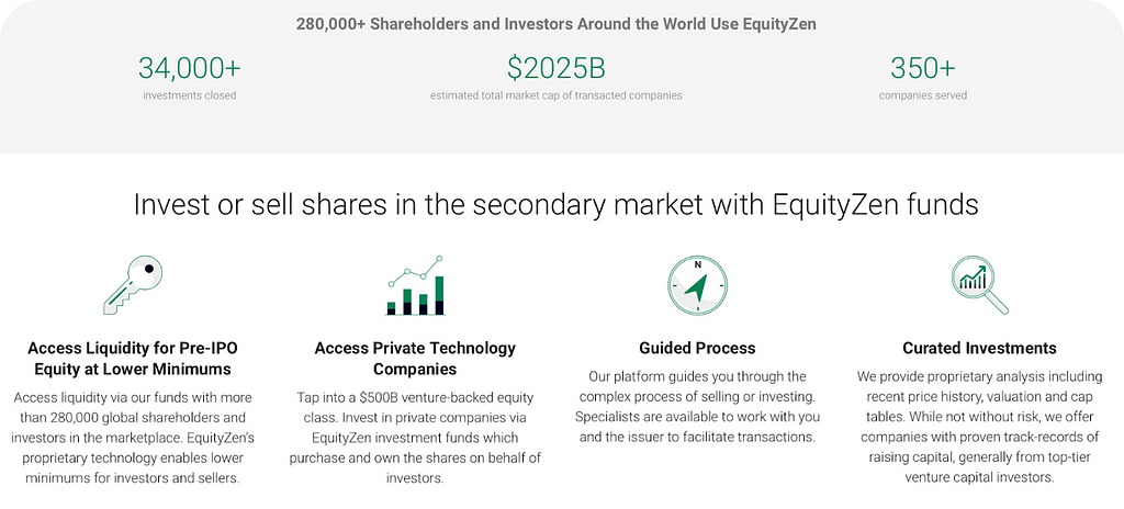 Benefits of investing through EquityZen and the funds it manages. Screenshot of the EquityZen website page.