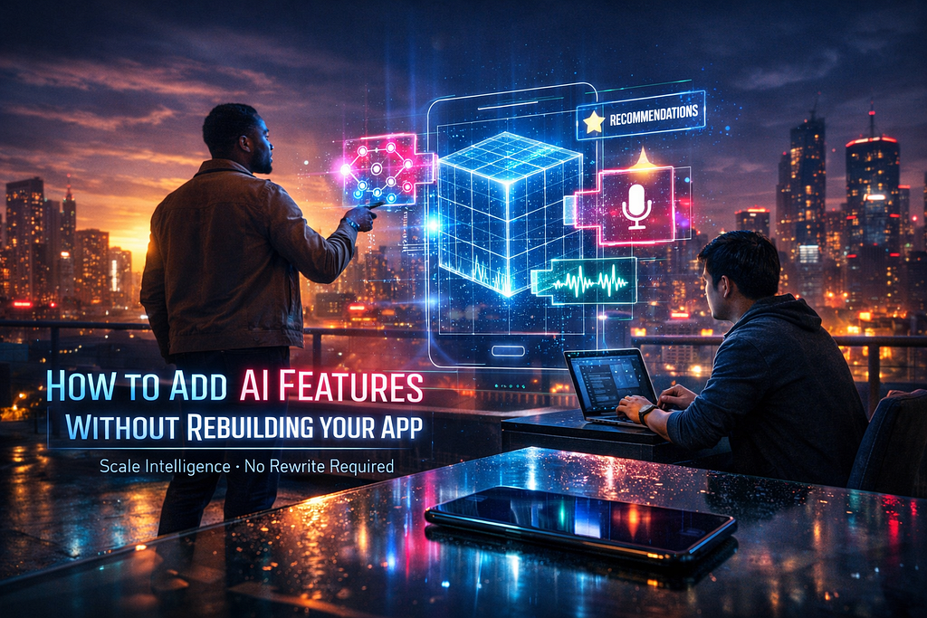 Two men interact with digital AI graphics on a rooftop with cityscape. Text: How to Add AI Features Without Rebuilding Your App.