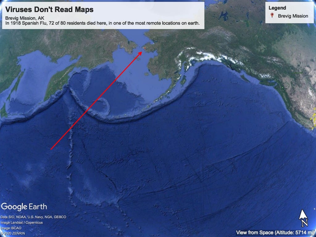 Google Earth screenshot. Legend: “Viruses Don’t Read Maps: Brevig Mission, AK”