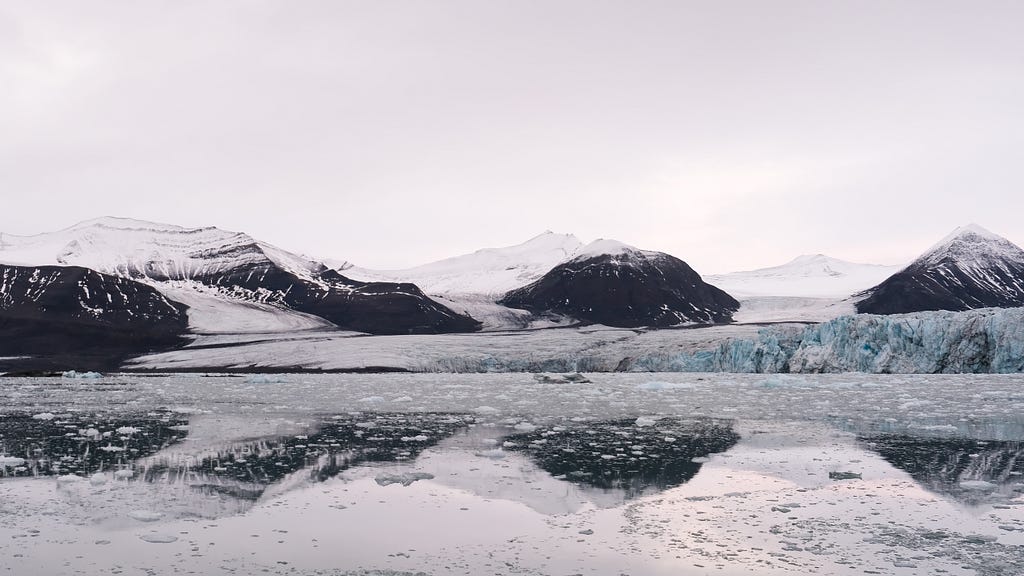 A glassy white and black glacier, with a reflection on a pool of ice.