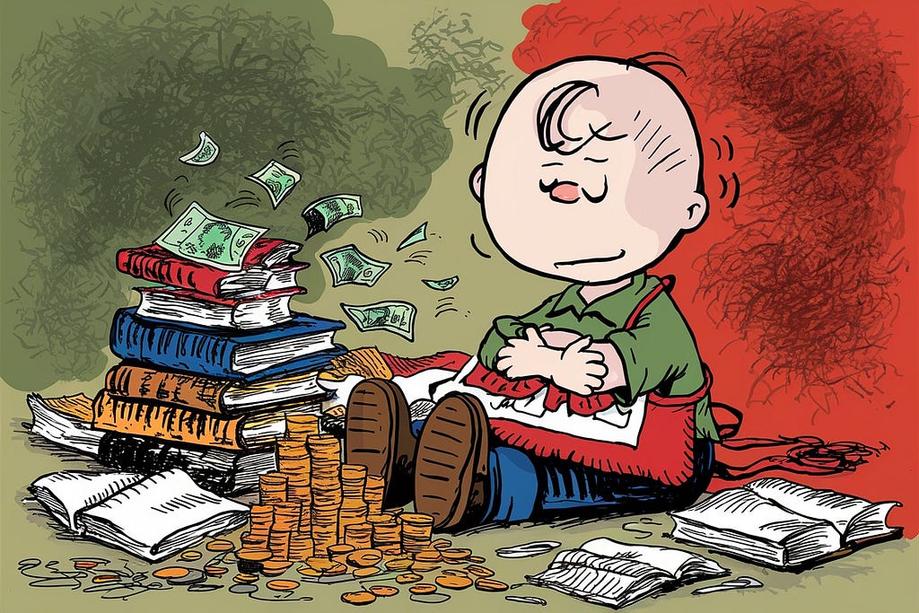 Charlie Brown looking character goes broke while paying for traditional education