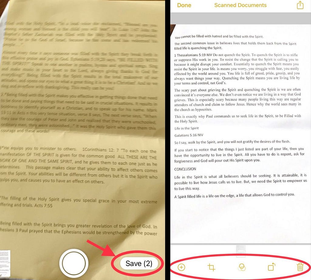 Screenshots Showing How to Save and Edit Scanned Documents Using iOS Notes App.
