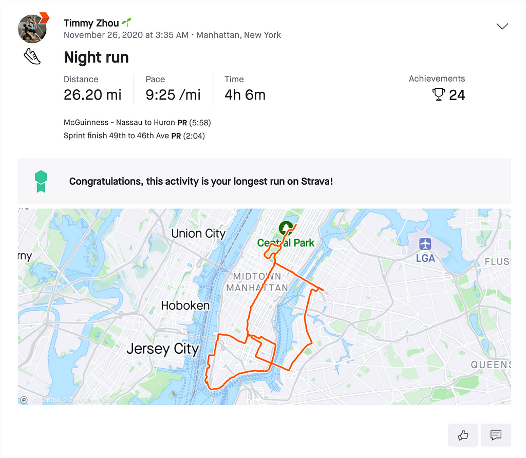 Strava post of a running activity with map showing route of my first marathon