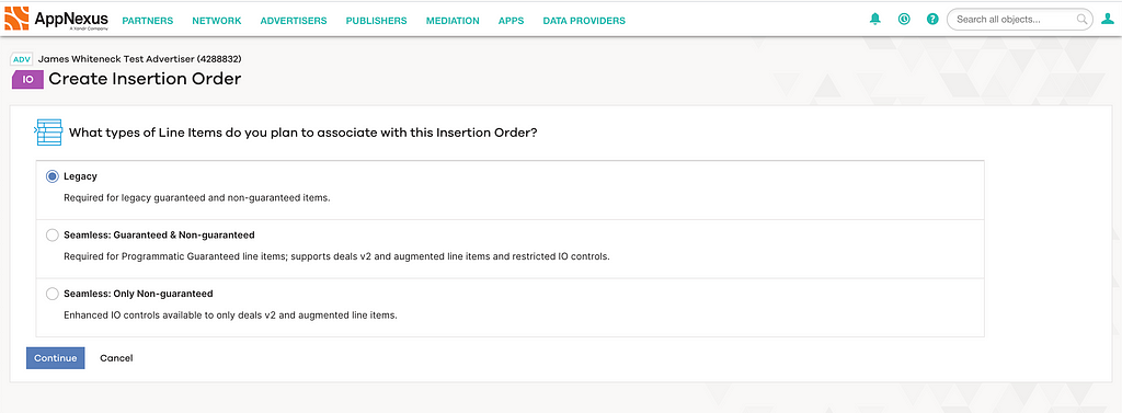 Screen for clients to choose between three types of insertion orders.