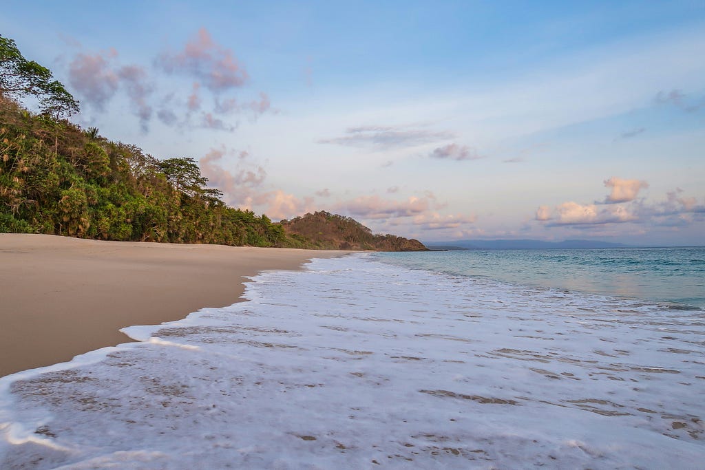 Photo of a picturesque beach, the treeline is to the left, the beach on the left third, and the water from there on. The sky looks like light blue sherbert.