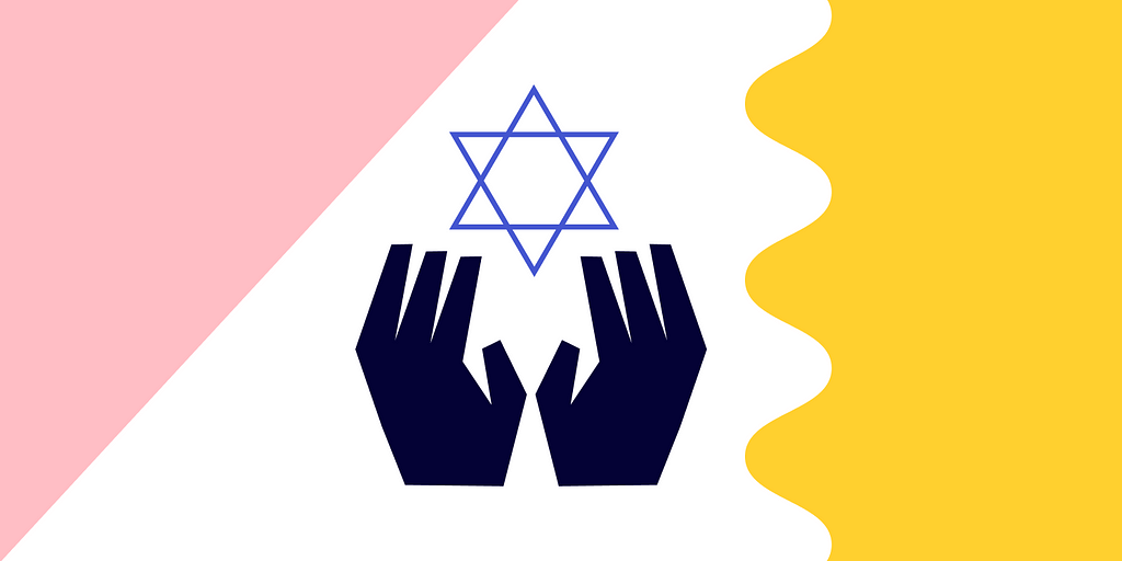 Jew-ish at Miro logo, hands beneath a star of David, are positioned in the center of playful graphic shapes.