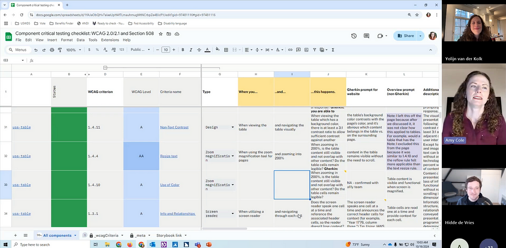 Captura de tela da palestra de Amy Cole sobre o Design System governamental dos Estados Unidos. A imagem mostra uma conferência digital que foi realizada pela equipe do Design System onde é exposta a documentação dos testes de acessibilidade em tabelas.