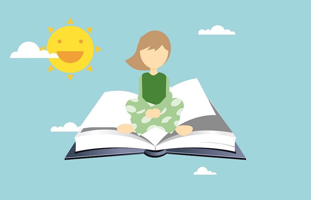 A girl sitting on open books and reading while flying in the sky next to a sun.