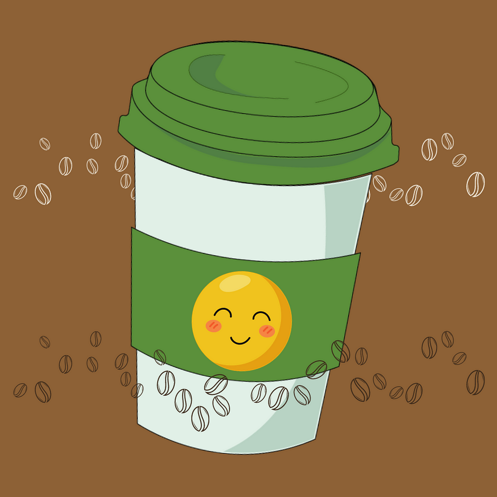 A coffee cup with a smiley face on it and coffee beans around it.